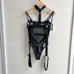 Oh La La Cheri Nordstrom Black Strappy Mesh Cutout Garter Teddy w/ Choker L/XL